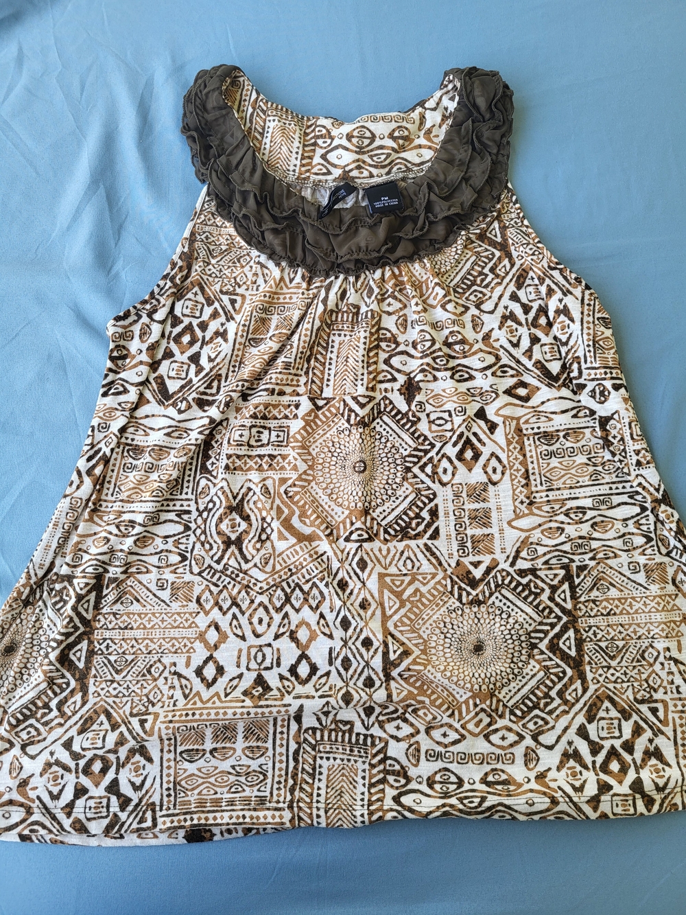 new directions Brown and White Tribal Ruffle Neck Tank